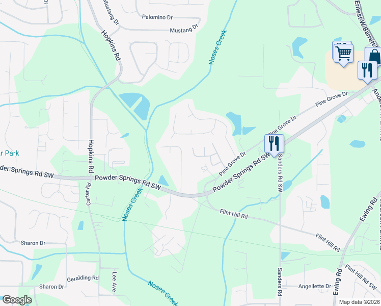 map of restaurants, bars, coffee shops, grocery stores, and more near 3846 Deercreek Drive in Powder Springs