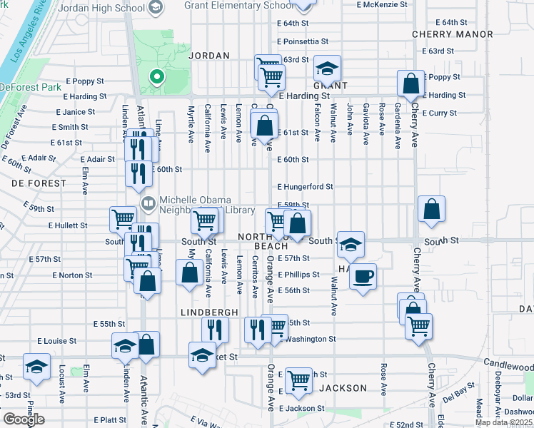 map of restaurants, bars, coffee shops, grocery stores, and more near 5875 Orange Avenue in Long Beach