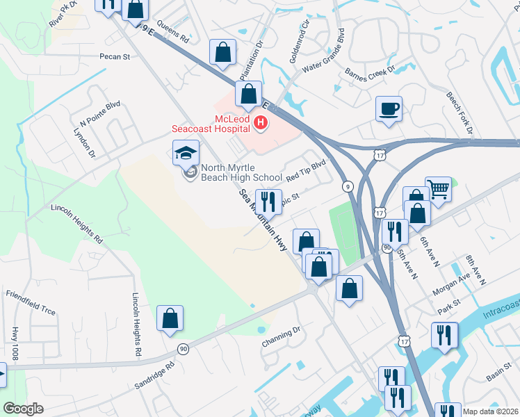map of restaurants, bars, coffee shops, grocery stores, and more near 4102 Sea Mountain Highway in Little River