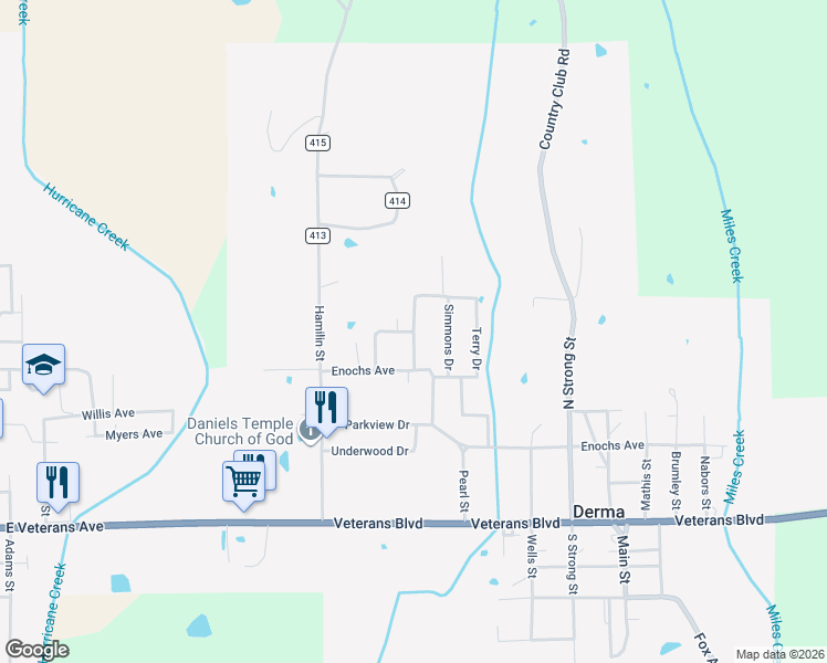map of restaurants, bars, coffee shops, grocery stores, and more near Lawrence Drive in Derma