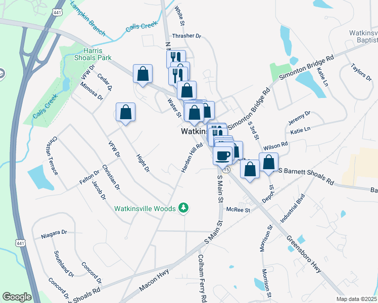 map of restaurants, bars, coffee shops, grocery stores, and more near 35 Harden Hill Road in Watkinsville