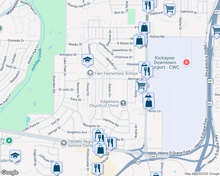 map of restaurants, bars, coffee shops, grocery stores, and more near 4713 Alamo Drive in Wichita Falls