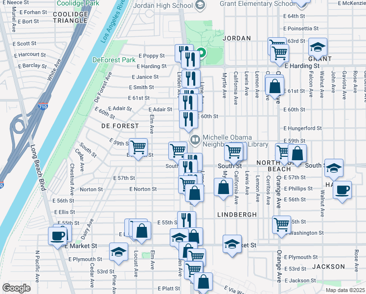 map of restaurants, bars, coffee shops, grocery stores, and more near 5876 Linden Avenue in Long Beach
