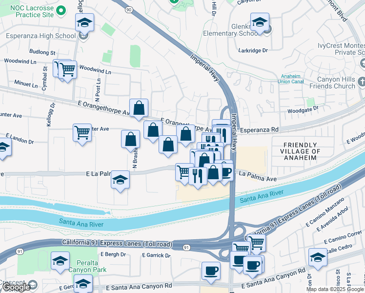 map of restaurants, bars, coffee shops, grocery stores, and more near 5515 East La Palma Avenue in Anaheim