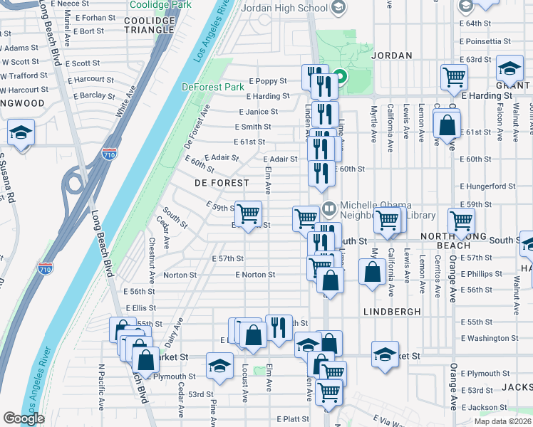 map of restaurants, bars, coffee shops, grocery stores, and more near 360 East 59th Street in Long Beach