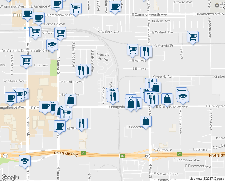 map of restaurants, bars, coffee shops, grocery stores, and more near 35 Orange Via in Anaheim