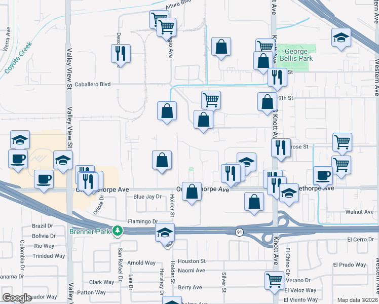 map of restaurants, bars, coffee shops, grocery stores, and more near 6861 Frost Circle in Buena Park