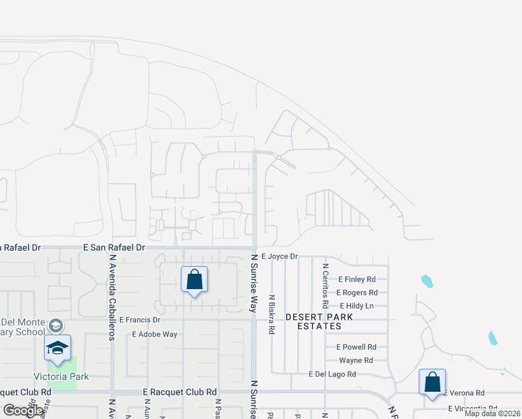 map of restaurants, bars, coffee shops, grocery stores, and more near 3503 Savanna Way in Palm Springs