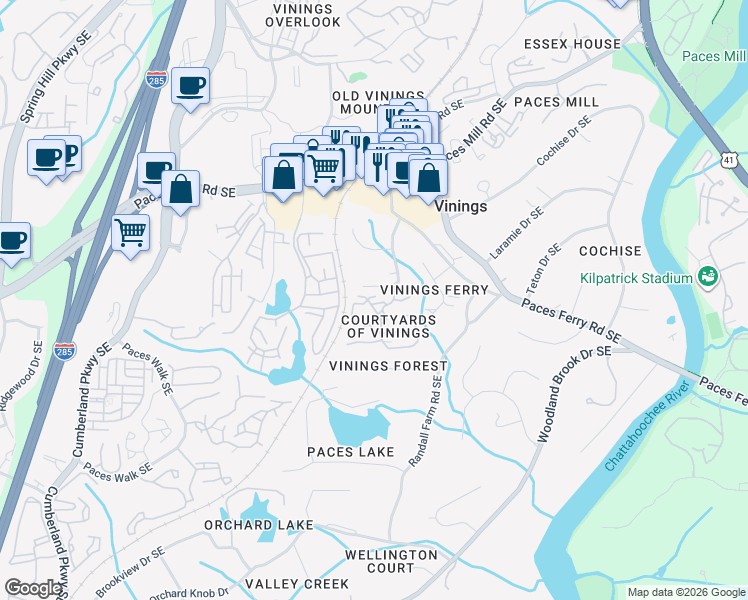 map of restaurants, bars, coffee shops, grocery stores, and more near 2950 Waverly Court Southeast in Atlanta