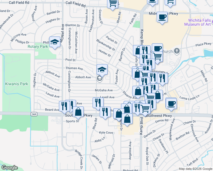 map of restaurants, bars, coffee shops, grocery stores, and more near 2946 McGaha Avenue in Wichita Falls
