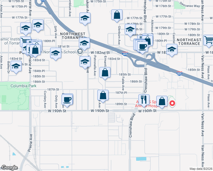 map of restaurants, bars, coffee shops, grocery stores, and more near 3427 187th Street in Torrance