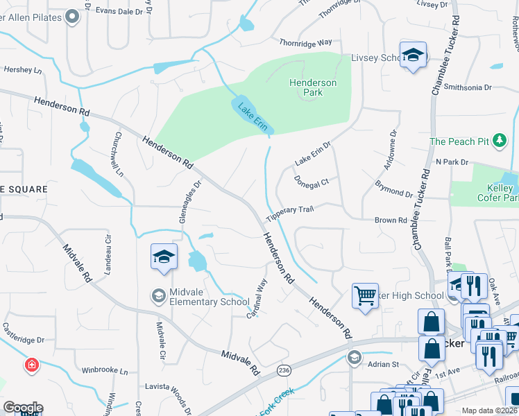 map of restaurants, bars, coffee shops, grocery stores, and more near 2618 Henderson Road in Tucker