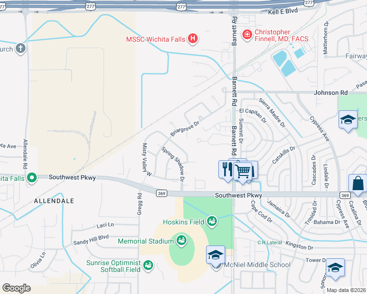 map of restaurants, bars, coffee shops, grocery stores, and more near 4611 Spring Shadow Drive in Wichita Falls