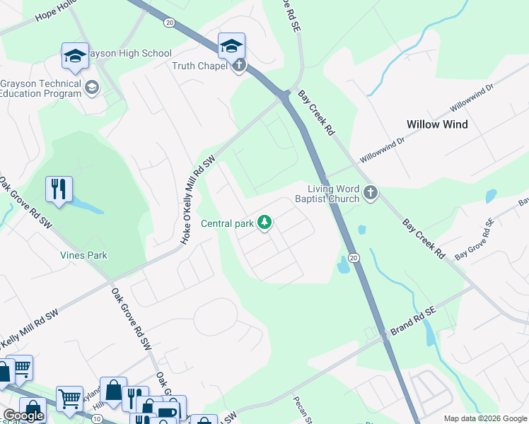 map of restaurants, bars, coffee shops, grocery stores, and more near 3729 Loganville Highway Southwest in Loganville