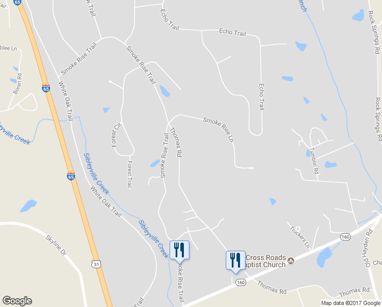 map of restaurants, bars, coffee shops, grocery stores, and more near 105 Thomas Road in Warrior