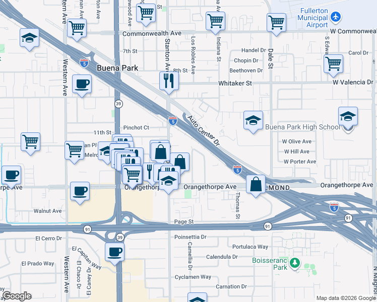 map of restaurants, bars, coffee shops, grocery stores, and more near 6842 Oregon Street in Buena Park