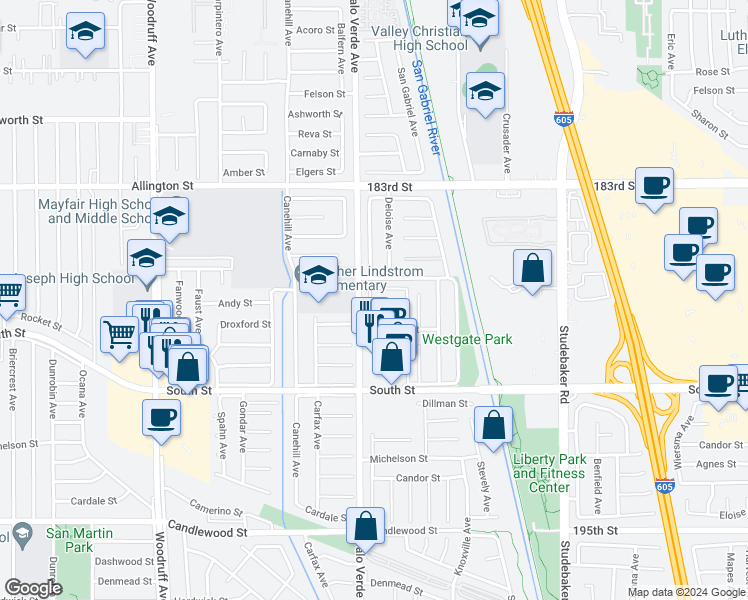 map of restaurants, bars, coffee shops, grocery stores, and more near 18717 Del Rio Place in Cerritos