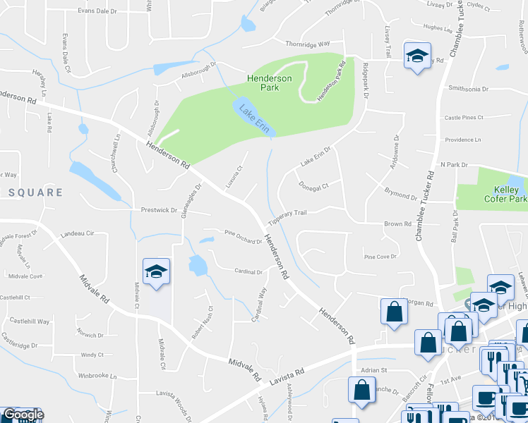 map of restaurants, bars, coffee shops, grocery stores, and more near 3916 Tipperary Trail in Tucker