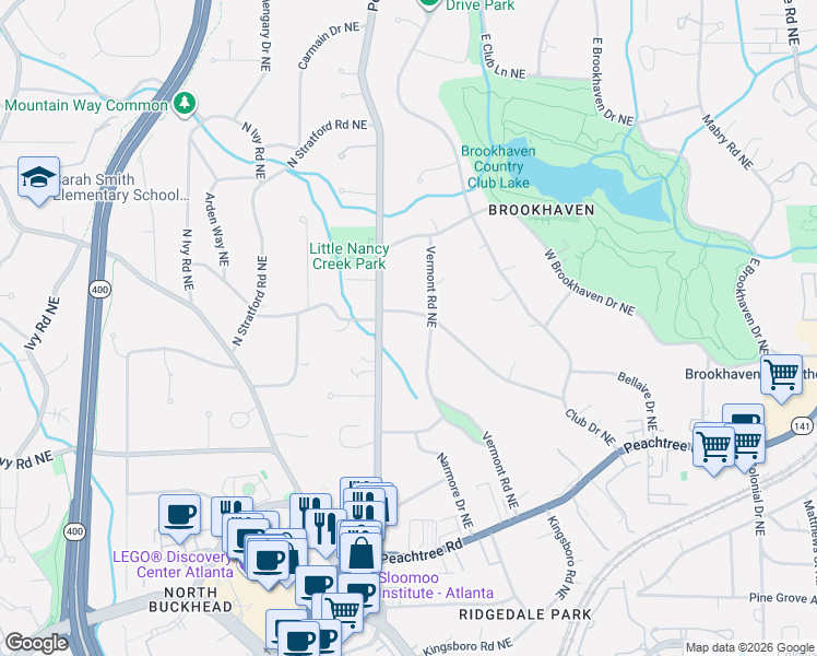 map of restaurants, bars, coffee shops, grocery stores, and more near 3905 Peachtree Dunwoody Road in Atlanta