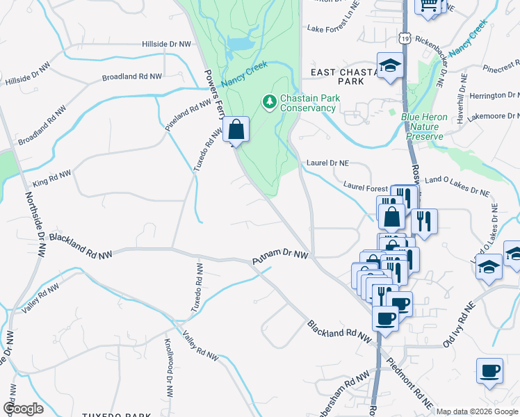 map of restaurants, bars, coffee shops, grocery stores, and more near 3906 Powers Ferry Road Northwest in Atlanta