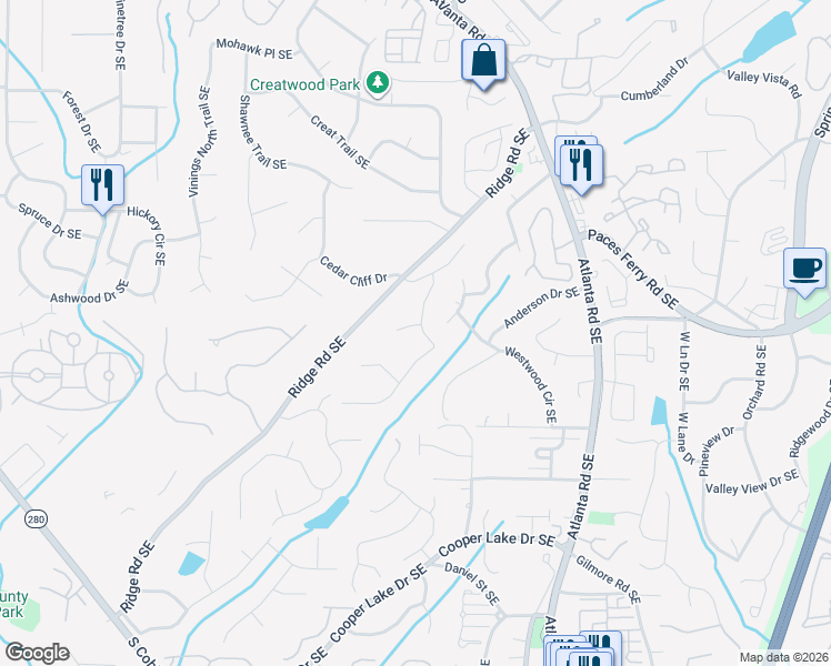 map of restaurants, bars, coffee shops, grocery stores, and more near 3770 Cliff Crest Drive Southeast in Smyrna