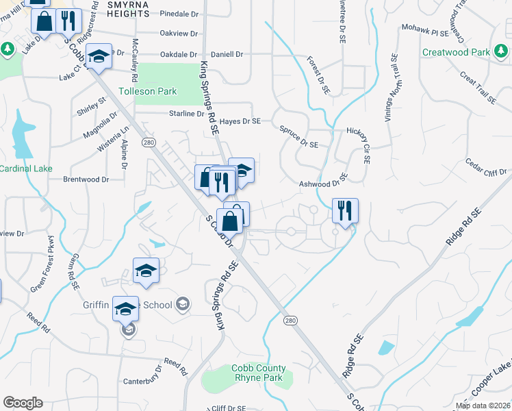 map of restaurants, bars, coffee shops, grocery stores, and more near 3797 King Springs Road Southeast in Smyrna