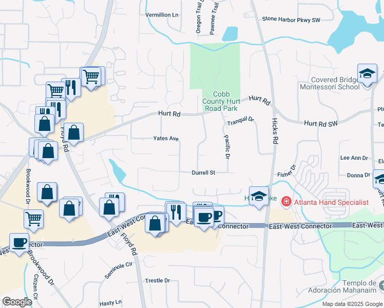 map of restaurants, bars, coffee shops, grocery stores, and more near 3800 William Paul Drive in Austell