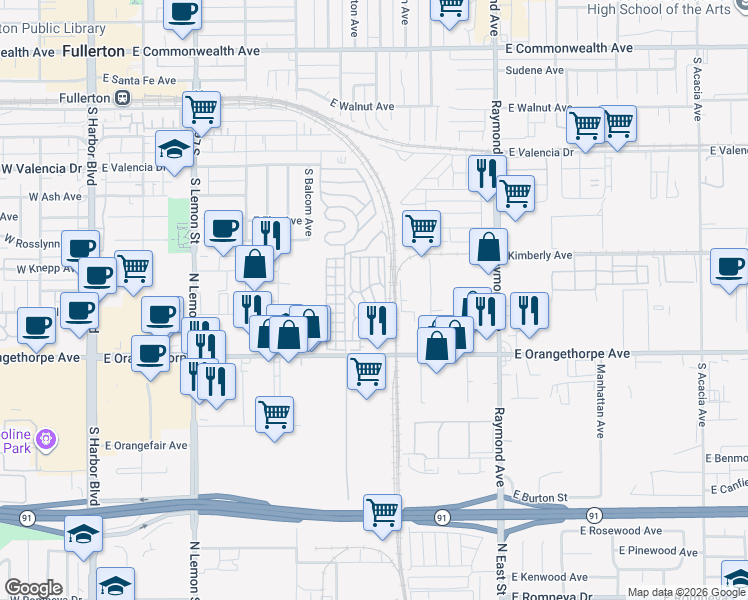 map of restaurants, bars, coffee shops, grocery stores, and more near 35 Orange Via in Anaheim