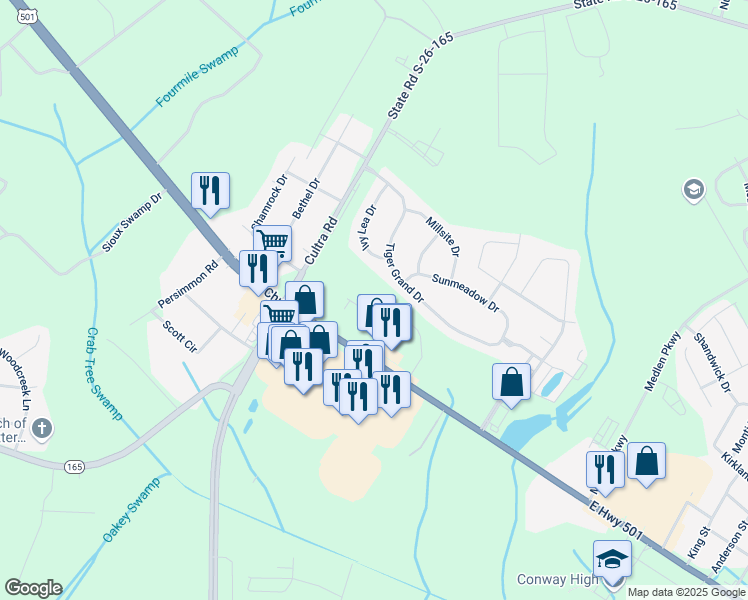 map of restaurants, bars, coffee shops, grocery stores, and more near 2780 U.S. 501 in Conway