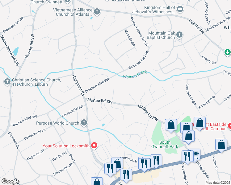 map of restaurants, bars, coffee shops, grocery stores, and more near 1865 Lisa Springs Drive Southwest in Snellville