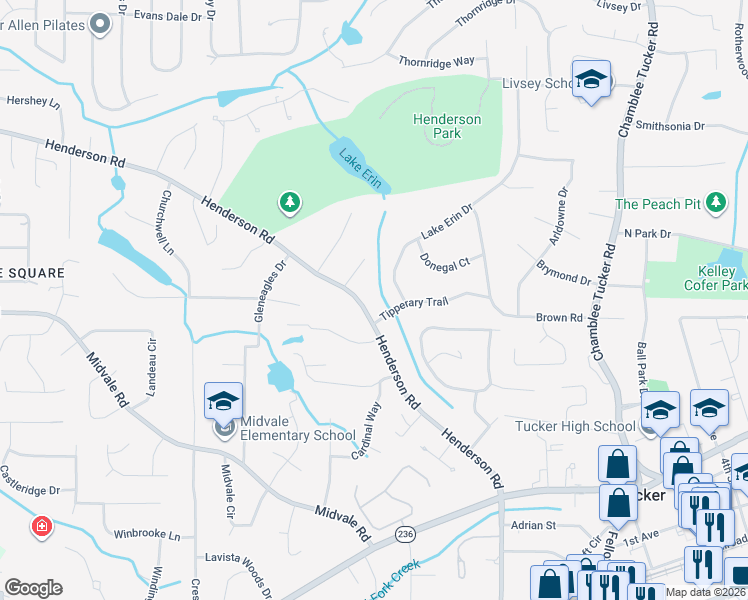 map of restaurants, bars, coffee shops, grocery stores, and more near 3916 Tipperary Trail in Tucker