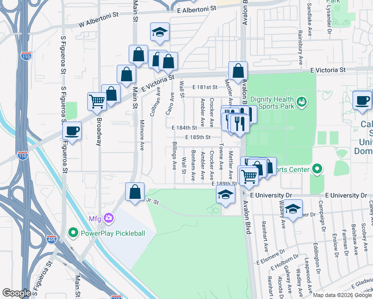 map of restaurants, bars, coffee shops, grocery stores, and more near 302 East 186th Street in Carson