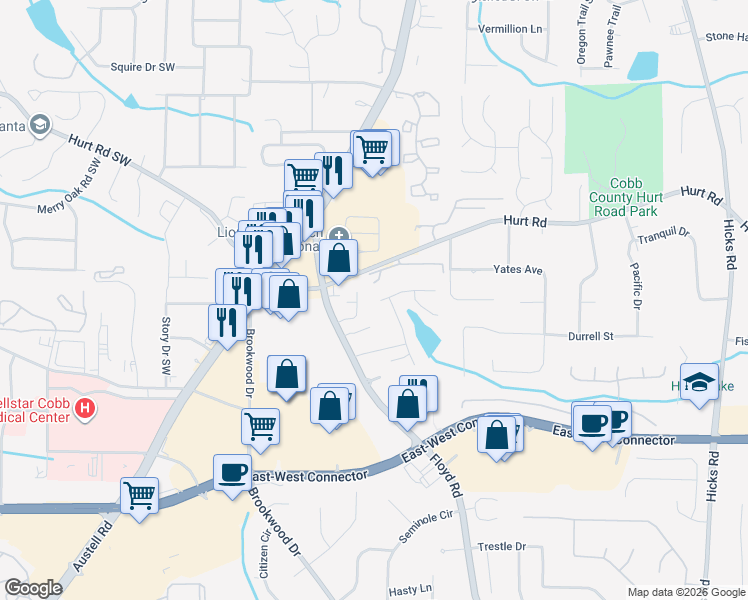 map of restaurants, bars, coffee shops, grocery stores, and more near 751 Heyford View in Austell