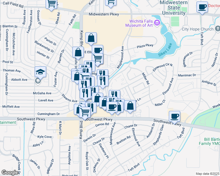 map of restaurants, bars, coffee shops, grocery stores, and more near 4515 Maplewood Avenue in Wichita Falls