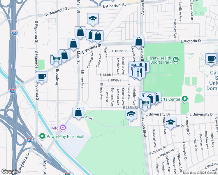 map of restaurants, bars, coffee shops, grocery stores, and more near 302 East 186th Street in Carson
