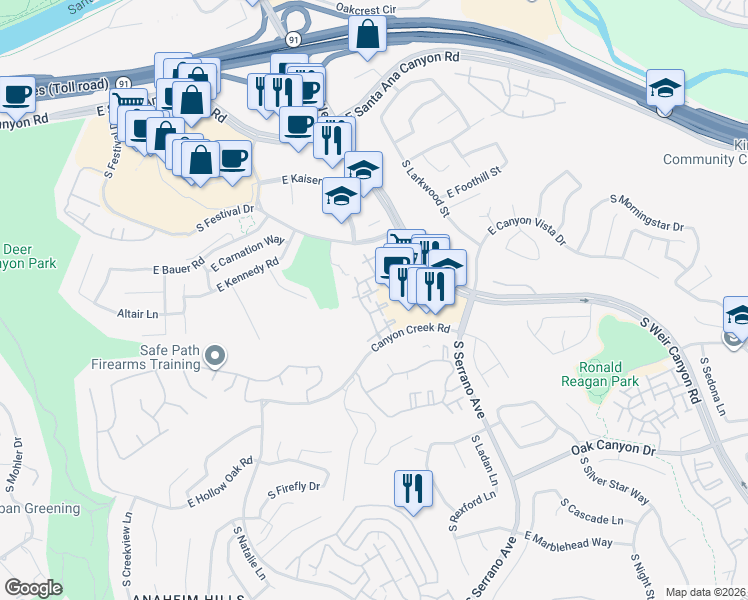 map of restaurants, bars, coffee shops, grocery stores, and more near 8020 East Goldenrod Lane in Anaheim