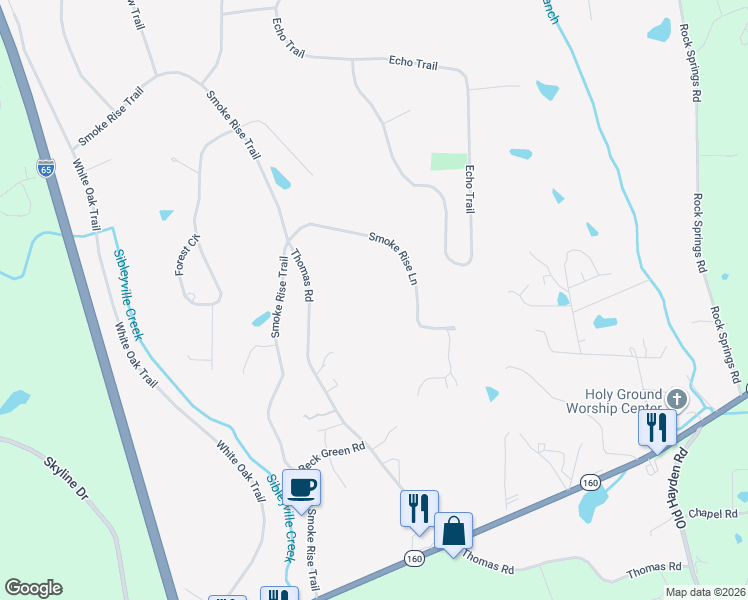 map of restaurants, bars, coffee shops, grocery stores, and more near 105 Thomas Road in Warrior