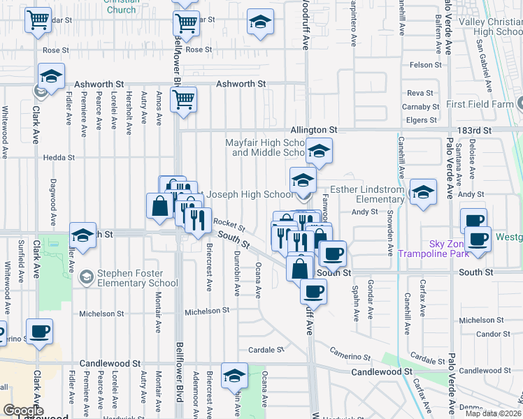 map of restaurants, bars, coffee shops, grocery stores, and more near 5827 Eastbrook Avenue in Lakewood