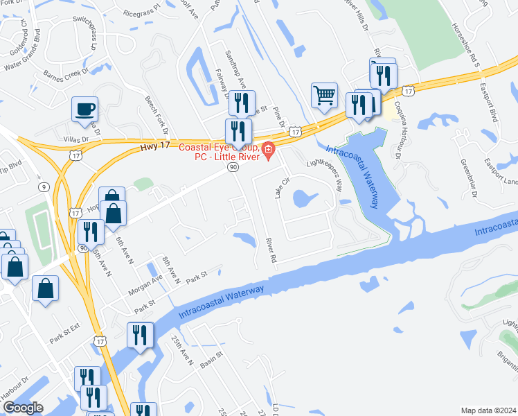 map of restaurants, bars, coffee shops, grocery stores, and more near 4454 River Road in Little River