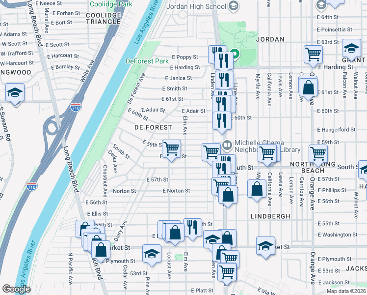 map of restaurants, bars, coffee shops, grocery stores, and more near 360 East 59th Street in Long Beach
