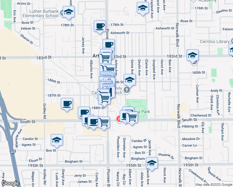 map of restaurants, bars, coffee shops, grocery stores, and more near in Artesia