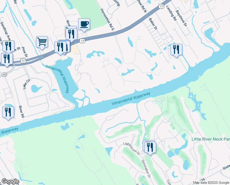 map of restaurants, bars, coffee shops, grocery stores, and more near 4618 Eastport Landing Drive in Little River