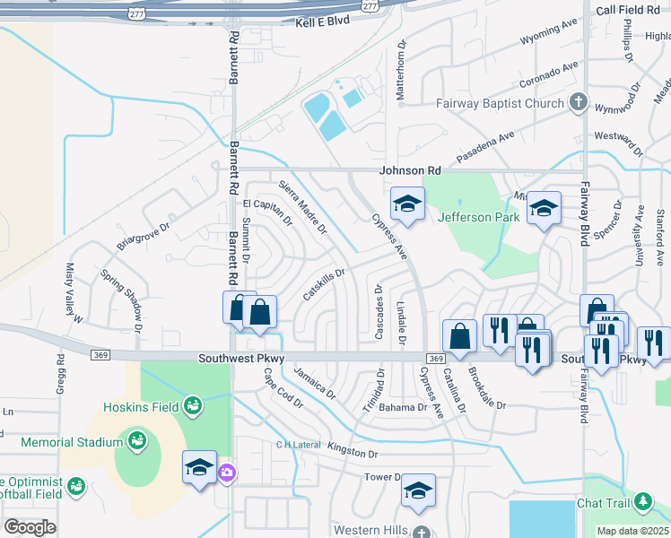map of restaurants, bars, coffee shops, grocery stores, and more near 5204 Catskills Drive in Wichita Falls