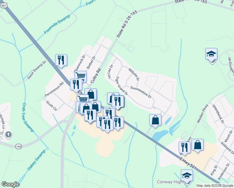 map of restaurants, bars, coffee shops, grocery stores, and more near 2780 U.S. 501 in Conway