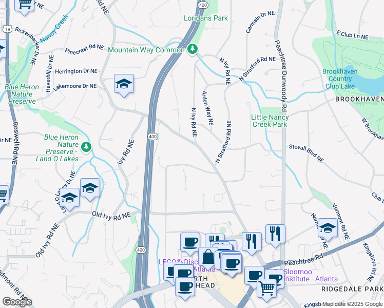 map of restaurants, bars, coffee shops, grocery stores, and more near 3928 Wieuca Road Northeast in Atlanta