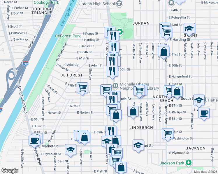 map of restaurants, bars, coffee shops, grocery stores, and more near 5880 Linden Avenue in Long Beach