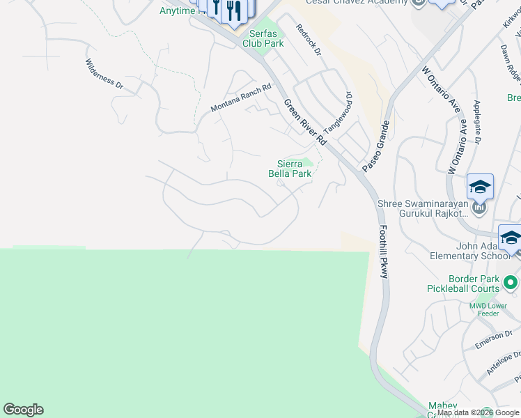 map of restaurants, bars, coffee shops, grocery stores, and more near 2469 Sierra Bella Drive in Corona