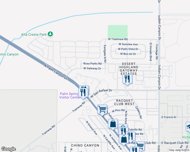 map of restaurants, bars, coffee shops, grocery stores, and more near 16 Ashby Circle in Palm Springs