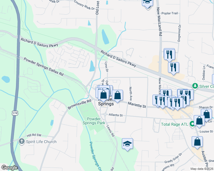 map of restaurants, bars, coffee shops, grocery stores, and more near 4475 Pineview Drive in Powder Springs