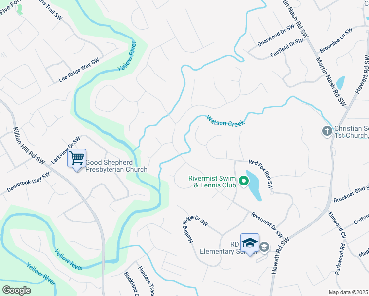 map of restaurants, bars, coffee shops, grocery stores, and more near 1488 Rivermist Drive Southwest in Lilburn